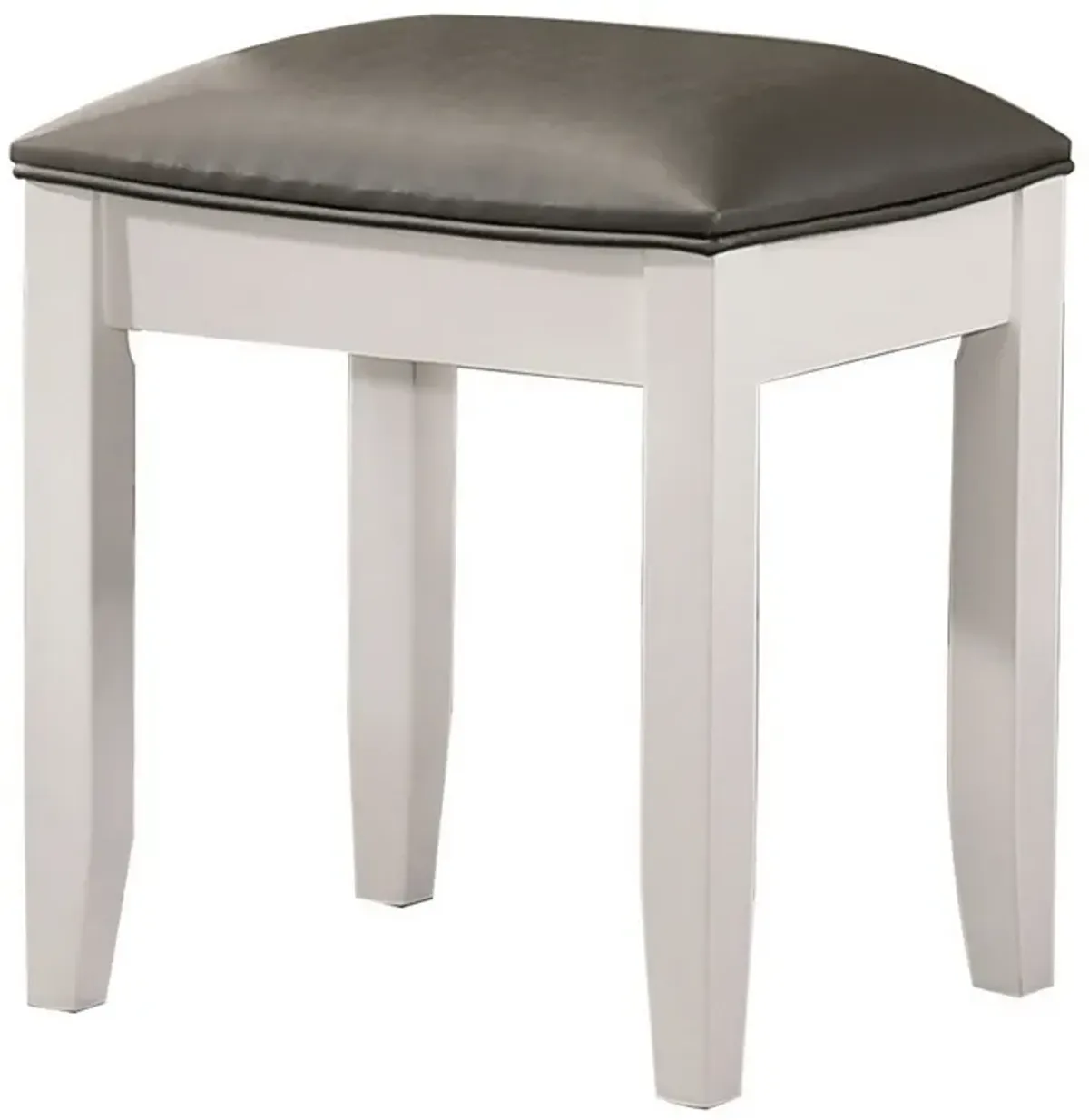 18 Inch Vanity Stool, Foam Cushion, White Frame, Metallic Gray Faux Leather - Benzara