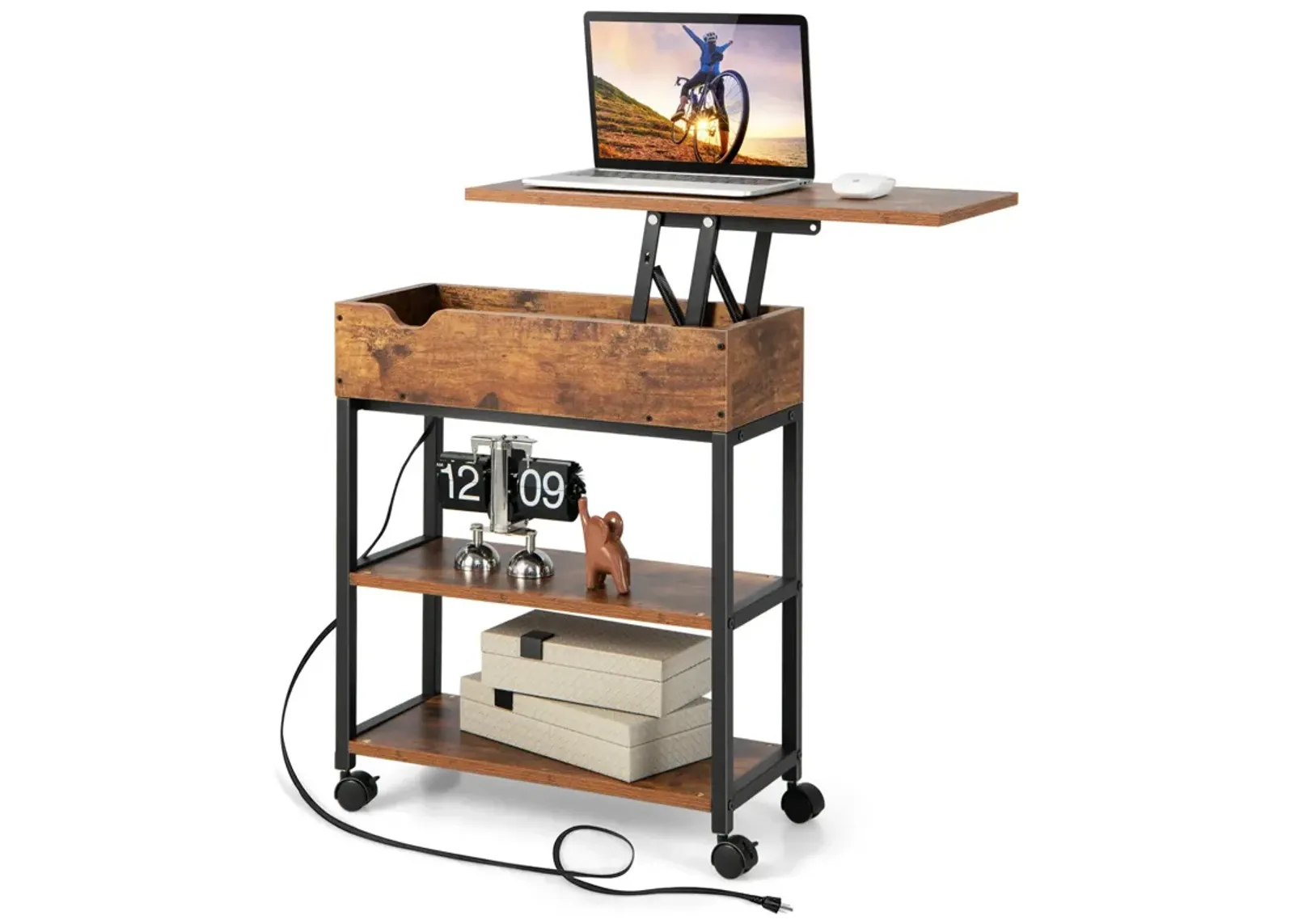 Lift Top End Table with Charging Station and Universal Wheels-Rustic Brown