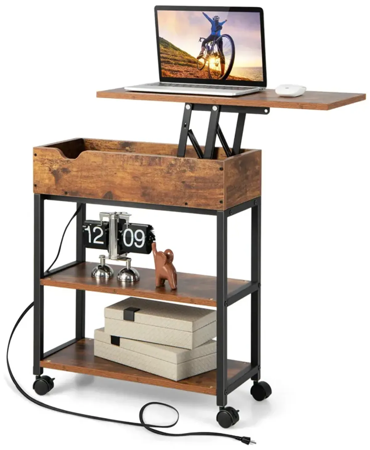 Lift Top End Table with Charging Station and Universal Wheels-Rustic Brown