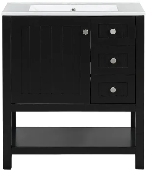 Whisen 30 in. Bathroom Storage Cabinet Bathroom Vanity with Ceramic Sink and 3 Drawers