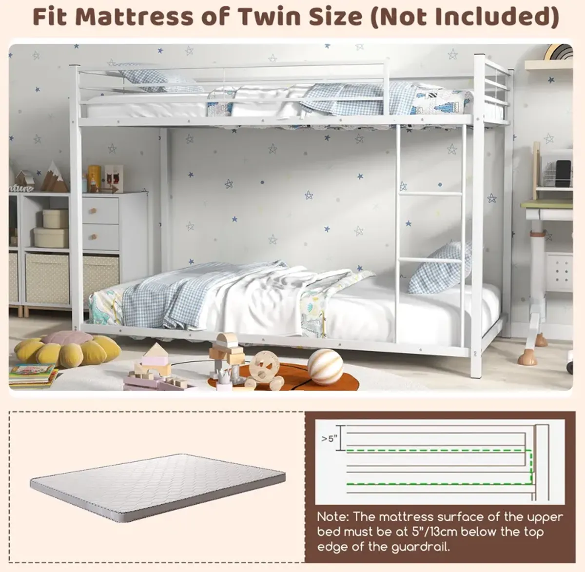 Low Profile Twin Over Twin Metal Bunk Bed with Full-length Guardrails