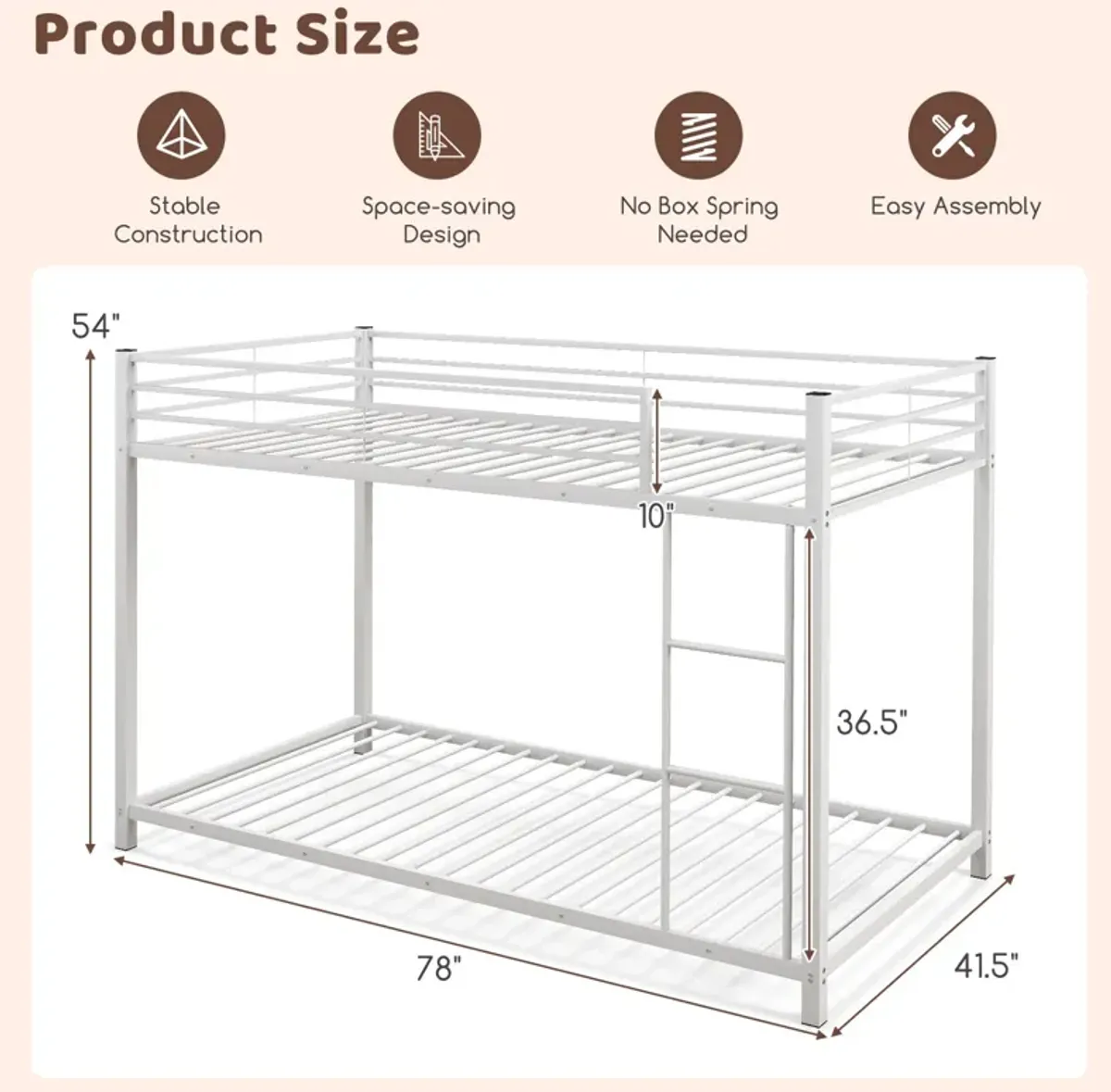 Low Profile Twin Over Twin Metal Bunk Bed with Full-length Guardrails