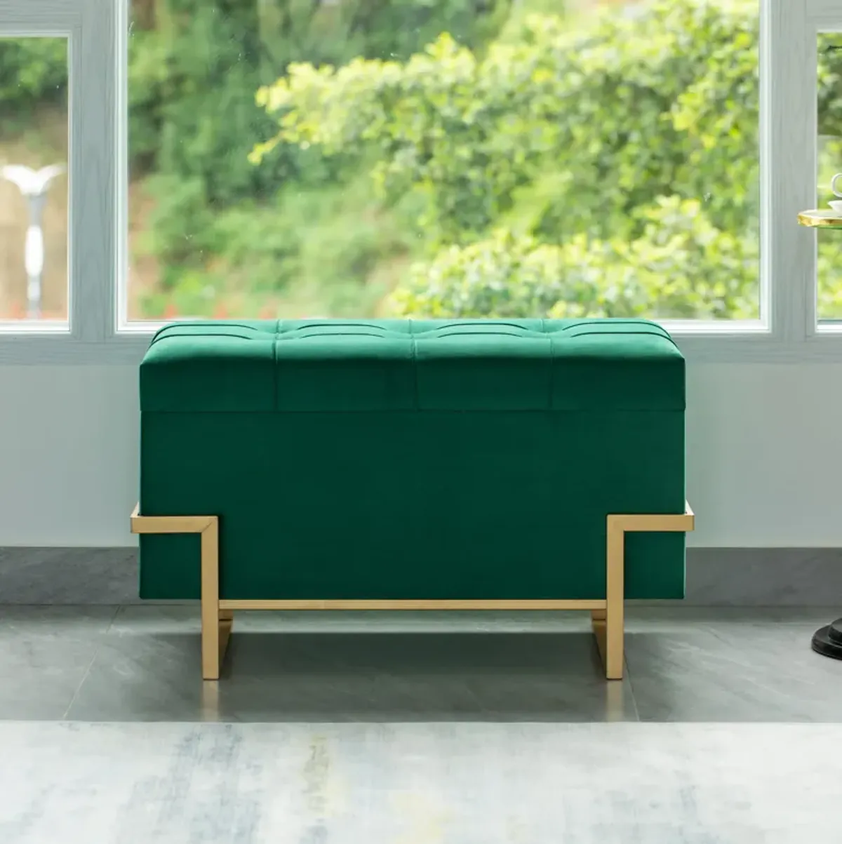 Rectangle Velvet Storage Ottoman Stool Box with Abstract Golden Legs | Decorative Sitting Bench for Living Room Home Decor with Unique Base Support (Green Large)