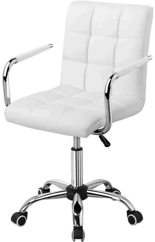 White Modern Faux Leather Mid-Back Swivel Office Chair with Armrests and Wheels