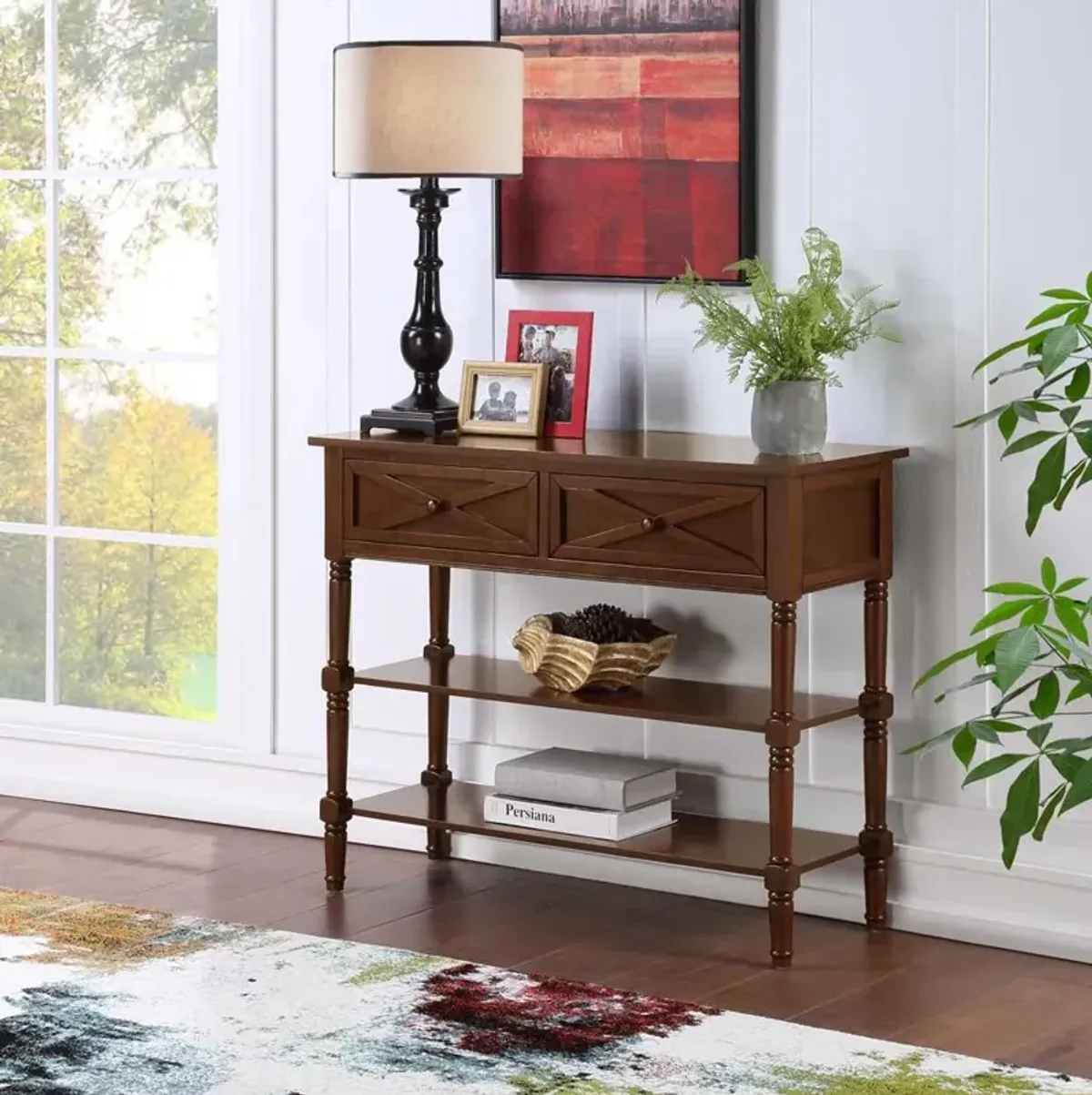 Convenience Concepts Country Oxford 2 Drawer Console Table with Shelves, Espresso