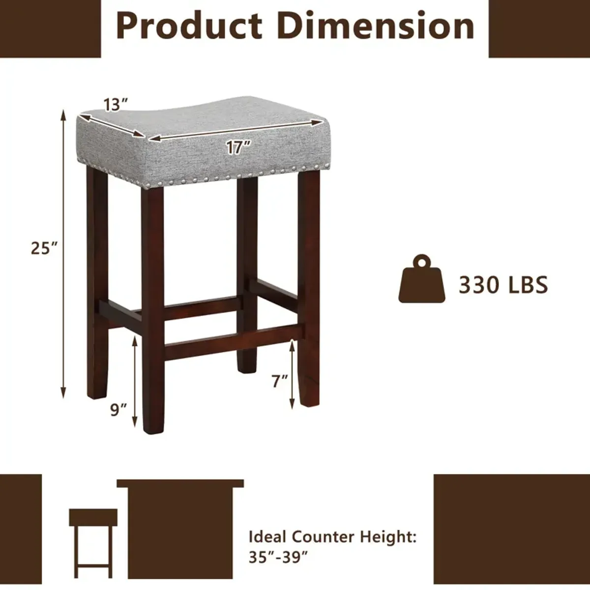 Set of 2 24 Inch Bar Stool with Curved Seat Cushions