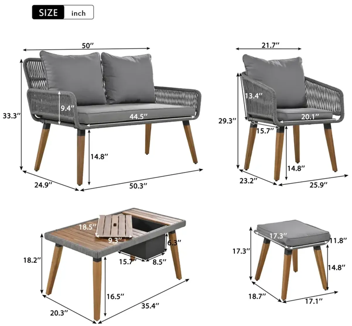 Unique Rope Woven Sofa Set with 2-in-1 Wood Cool Bar Table