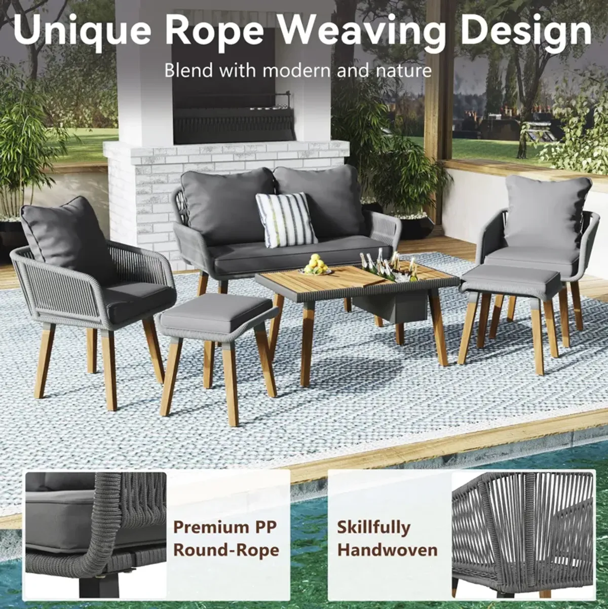 Unique Rope Woven Sofa Set with 2-in-1 Wood Cool Bar Table