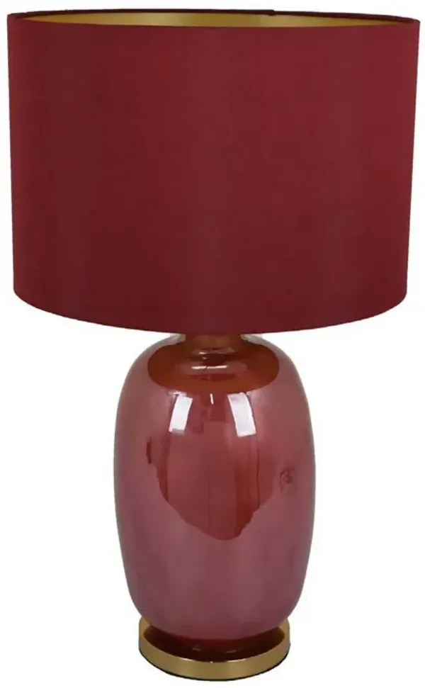 Gia 25 Inch Table Lamp, Drum Shade, Vase Shape Glass Body, Red Finish - Benzara
