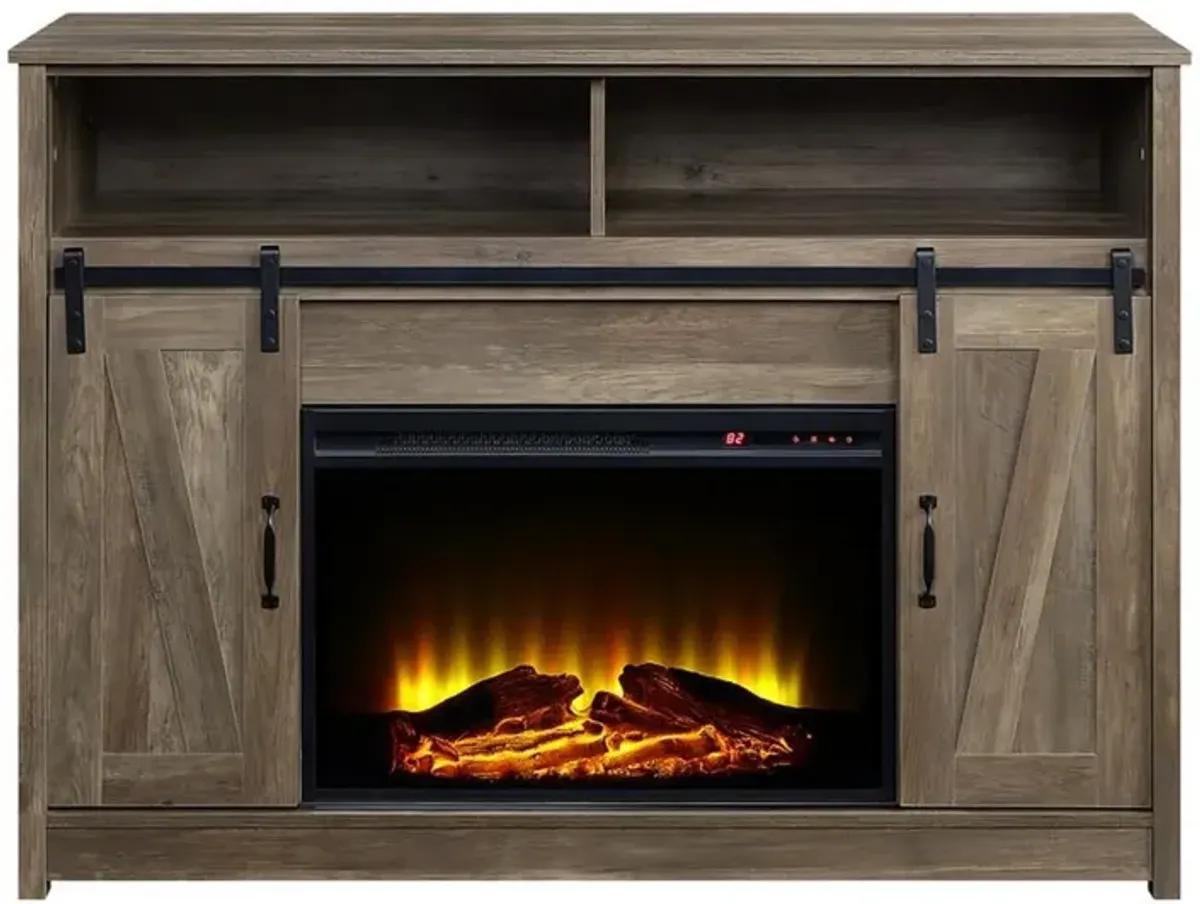 TV Stand and Fireplace with 2 Sliding Barn Doors, Rustic Brown - Benzara