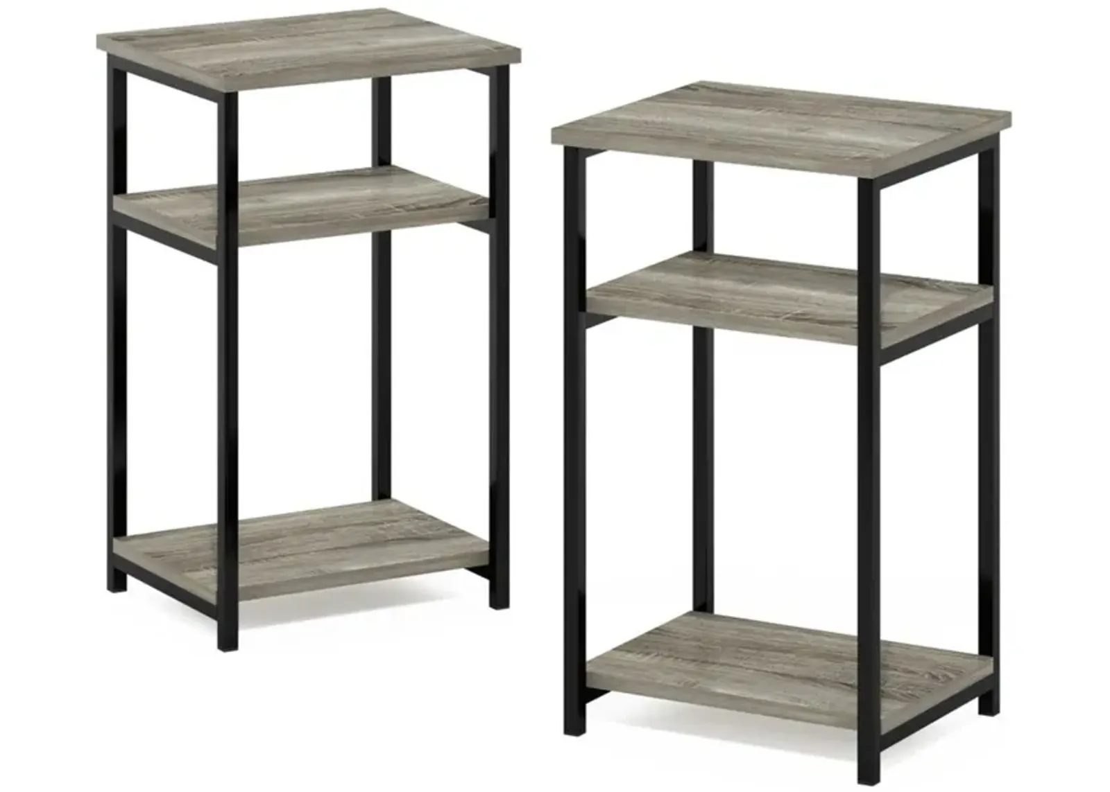 Furinno Just 3-Tier Metal Frame End Table with Storage Shelves, 2-Pack, French Oak