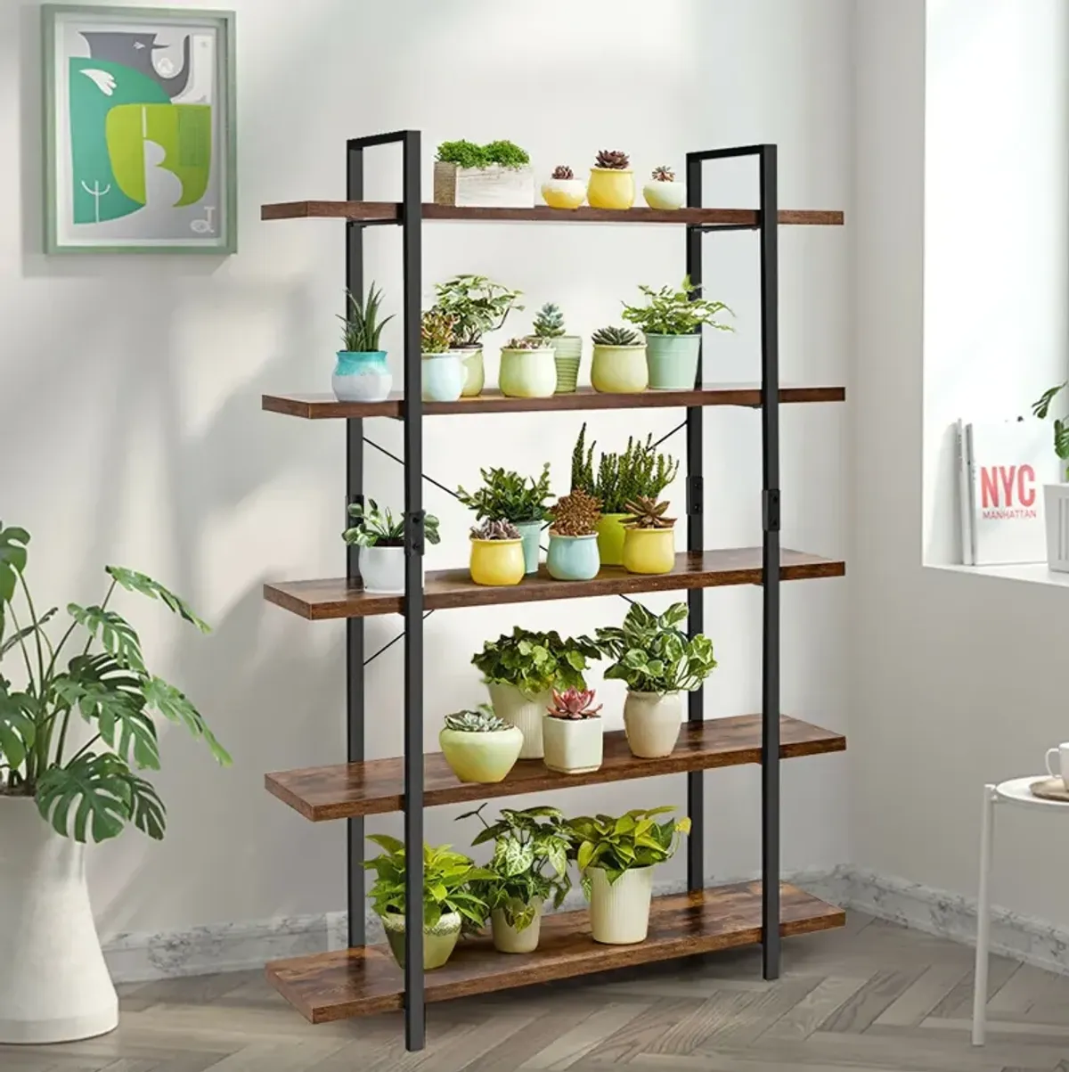 Industrial Bookcase with Metal Frame for Home Office