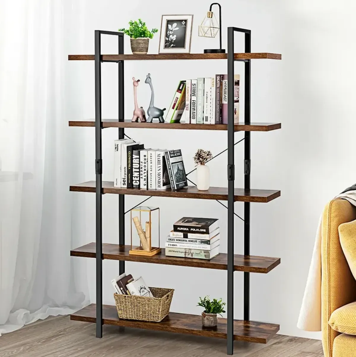 Industrial Bookcase with Metal Frame for Home Office