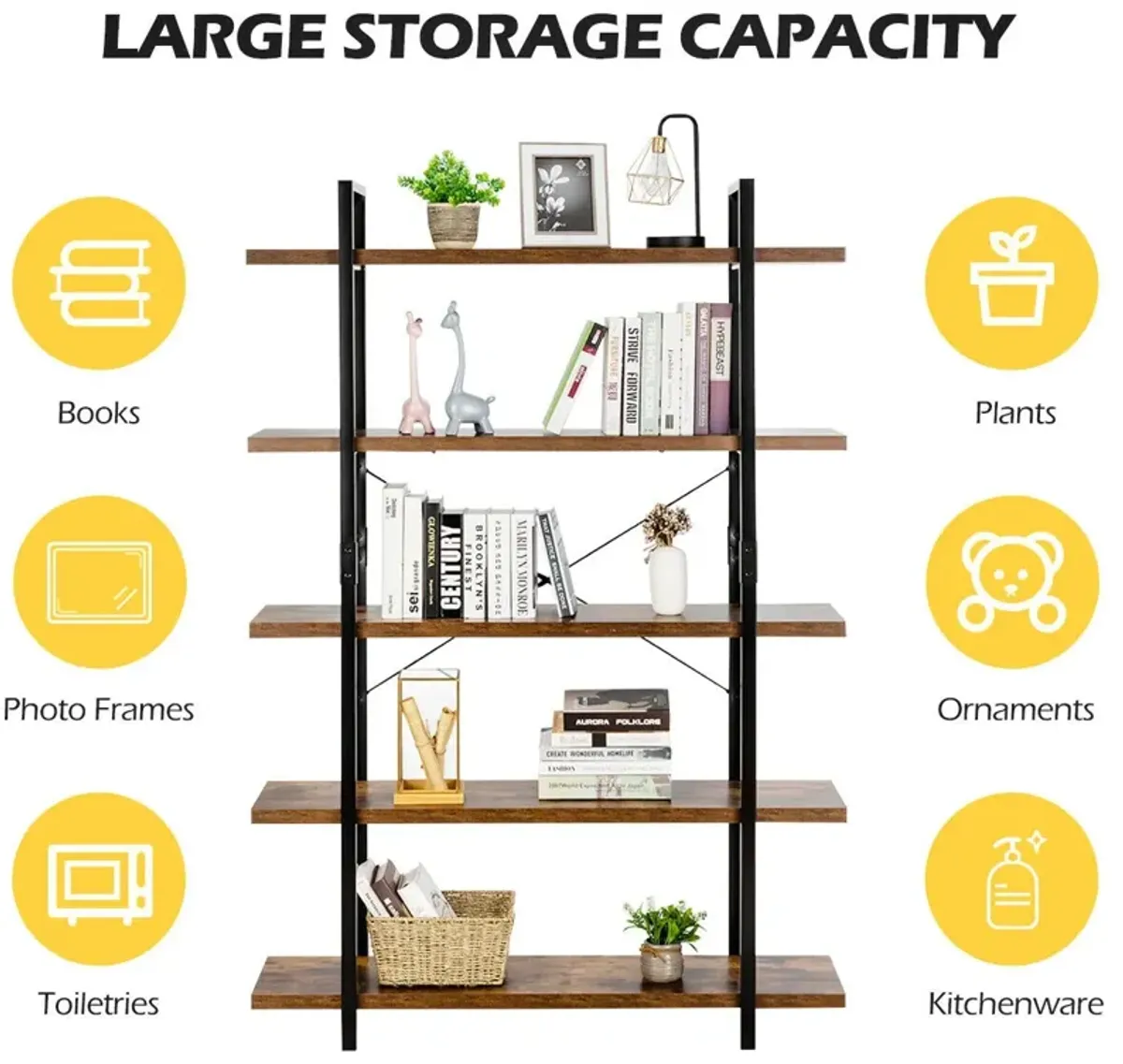 Industrial Bookcase with Metal Frame for Home Office