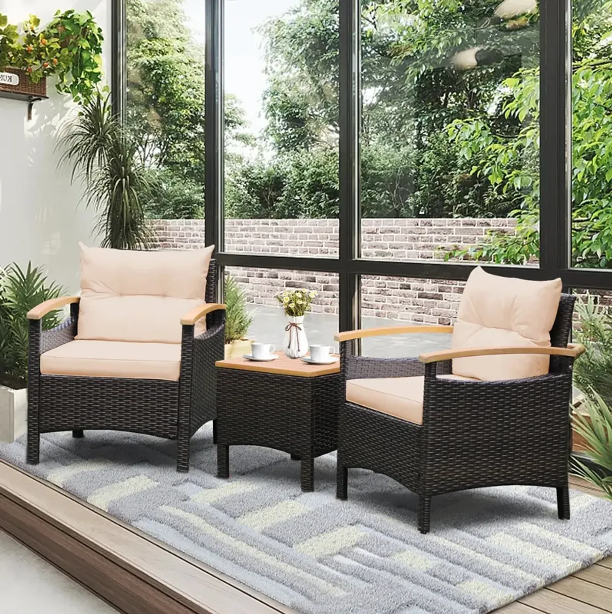 3 Pieces Patio Rattan Furniture Set with Removable Cushion