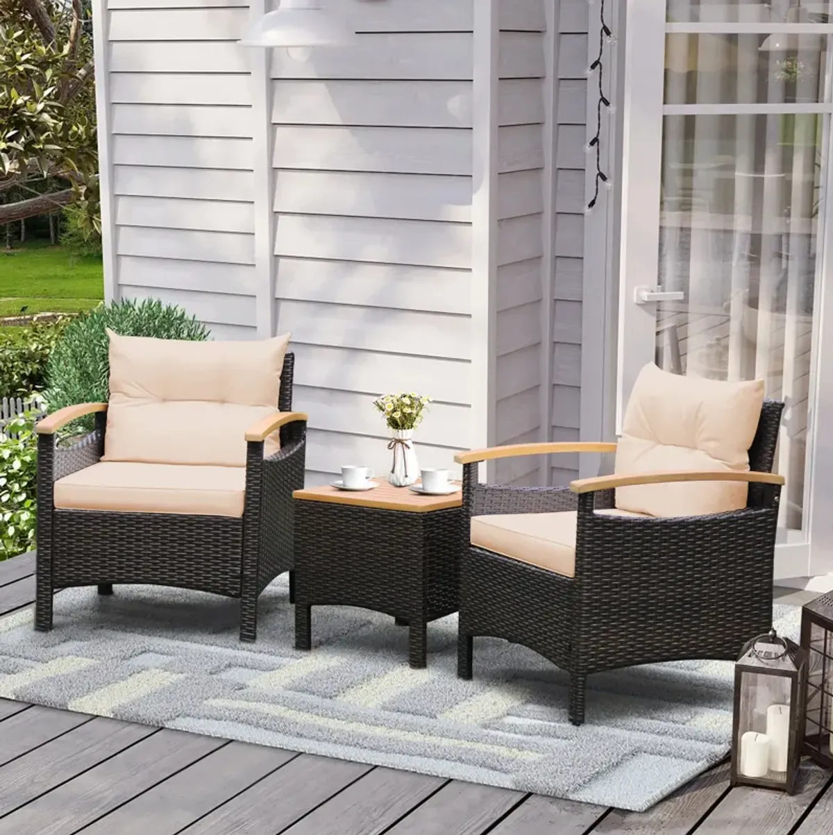 3 Pieces Patio Rattan Furniture Set with Removable Cushion