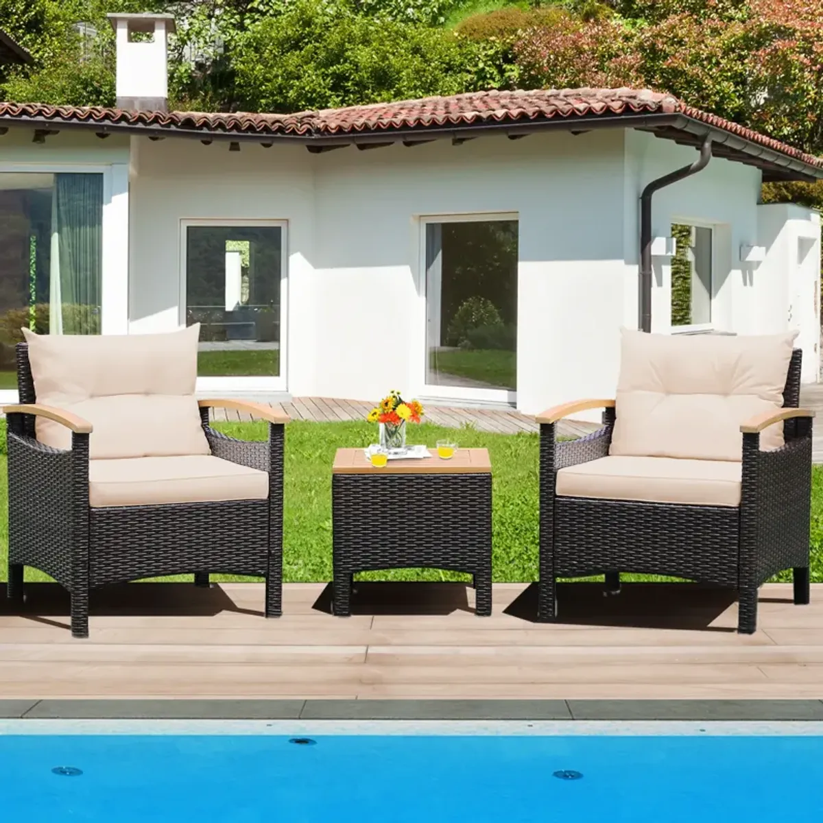 3 Pieces Patio Rattan Furniture Set with Removable Cushion