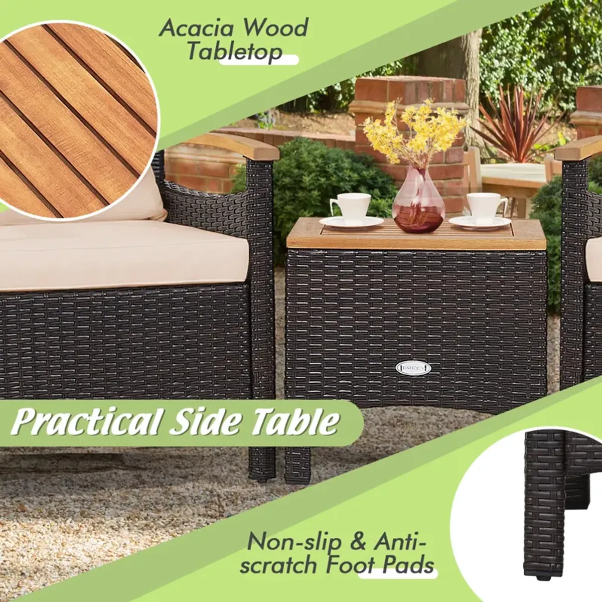 3 Pieces Patio Rattan Furniture Set with Removable Cushion