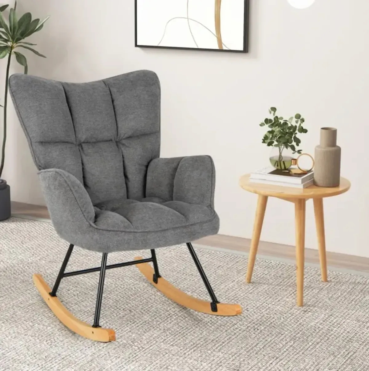 Hivvago Linen Nursery Rocking Chair with High Backrest and Padded Armrests