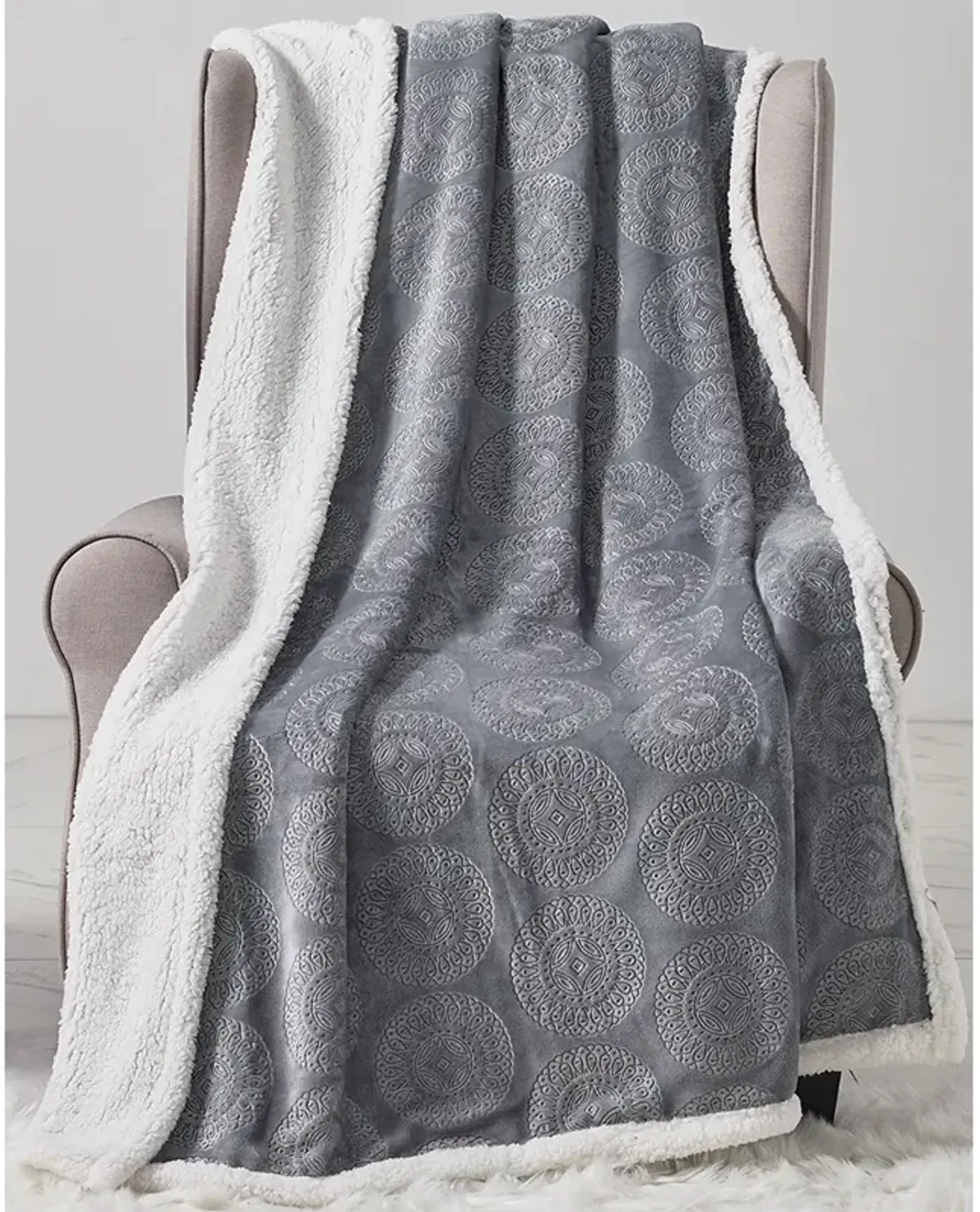 Plazatex Caesar Sherpa Decorative Super Soft Throw Blanket for Sleep/Decor 50" x 60" Grey