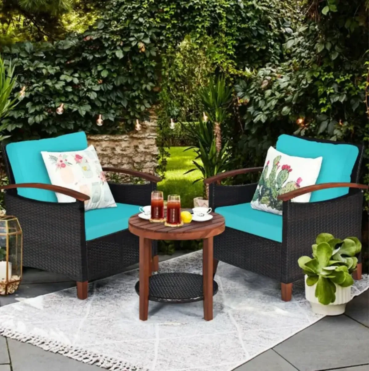 Hivvago 3 Pieces Patio Wicker Furniture Set with Washable Cushion and Acacia Wood Tabletop