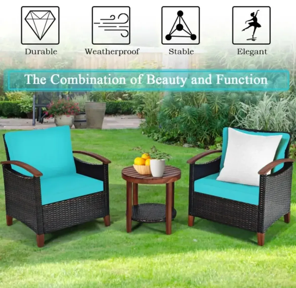 Hivvago 3 Pieces Patio Wicker Furniture Set with Washable Cushion and Acacia Wood Tabletop