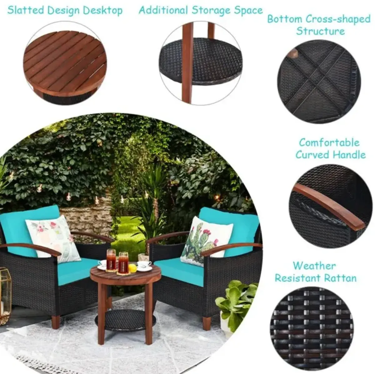 Hivvago 3 Pieces Patio Wicker Furniture Set with Washable Cushion and Acacia Wood Tabletop