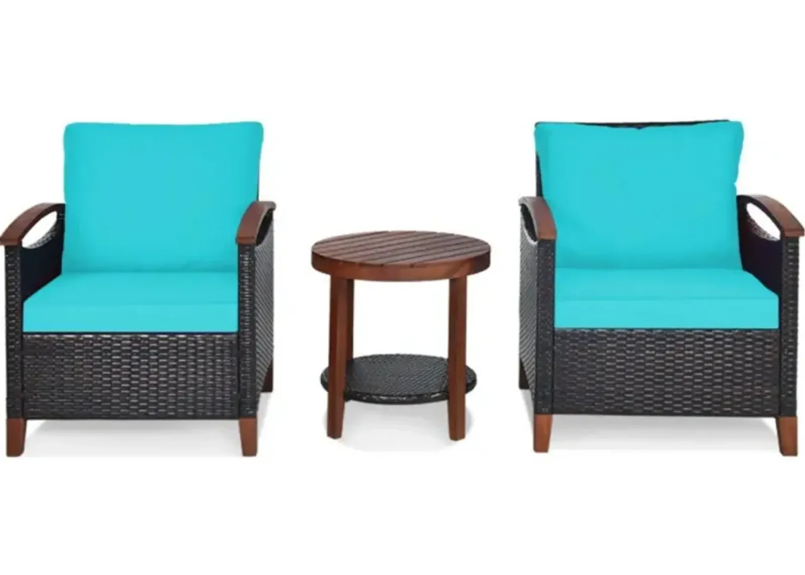 Hivvago 3 Pieces Patio Wicker Furniture Set with Washable Cushion and Acacia Wood Tabletop