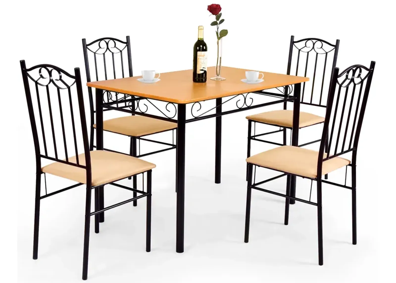 5 Pieces Dining Set Wooden Table and 4 Cushioned Chairs