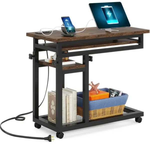 Tribesigns Small Portable Desk with Power Outlet, Height Adjustable Sofa Couch Bedside Laptop Table with Wheels, Mobile Standing Desk Rolling Computer Cart C Side Table with USB Ports