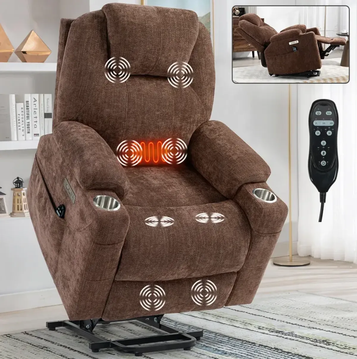 Mondawe Chenille Power Lift Recliner Chair, Heavy Duty Motion Mechanism with 8-Point Vibration Massage and Lumbar Heating, USB and Type-C Ports