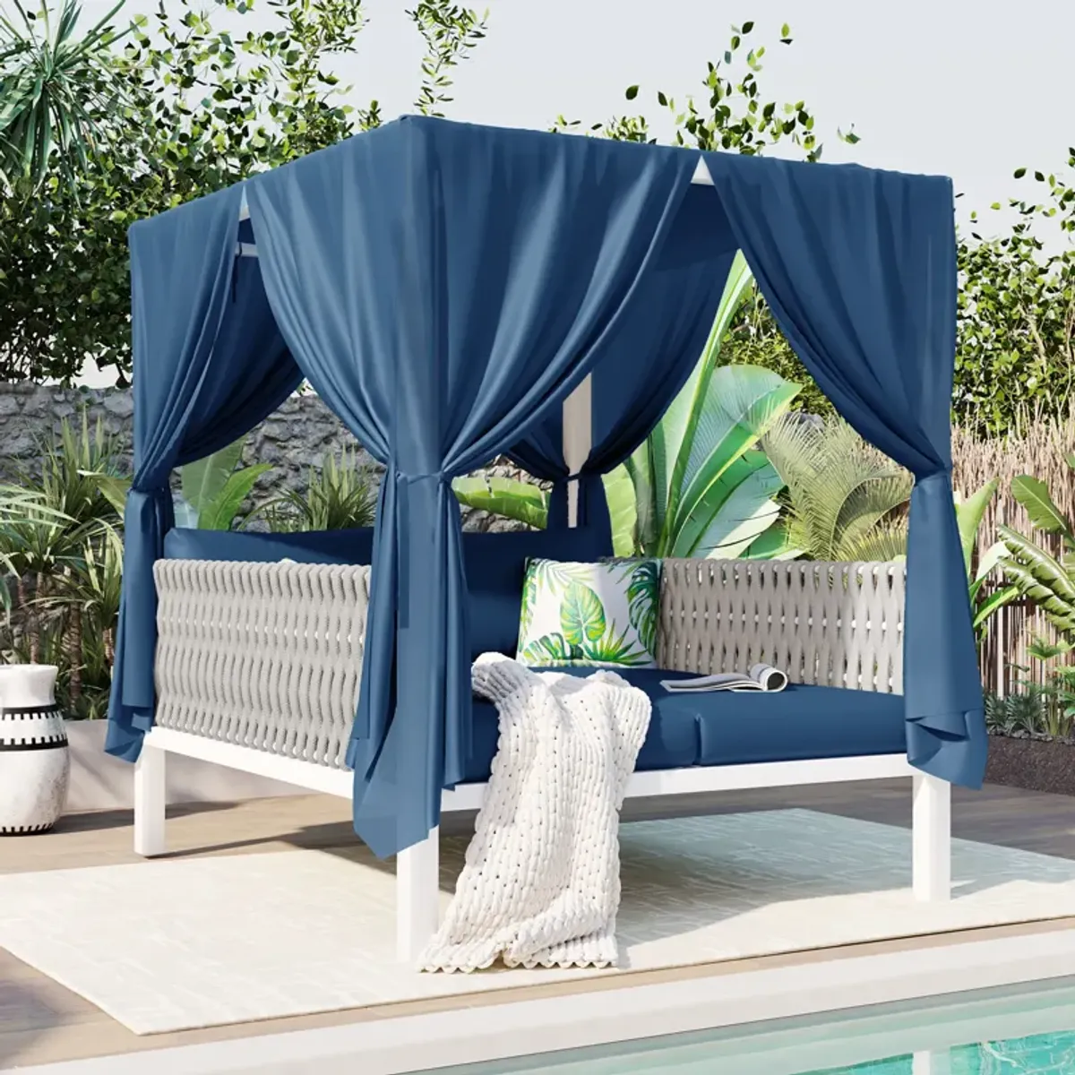 Merax Outdoor Patio Sunbed with Curtains