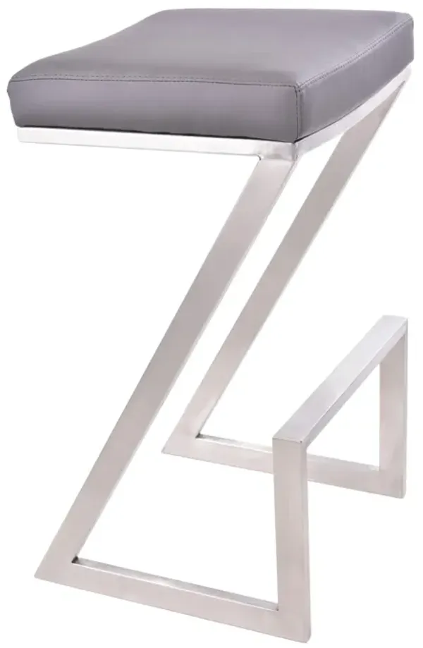 Z Shaped Metal Backless Barstool with Padded Seat, Silver and Gray - Benzara