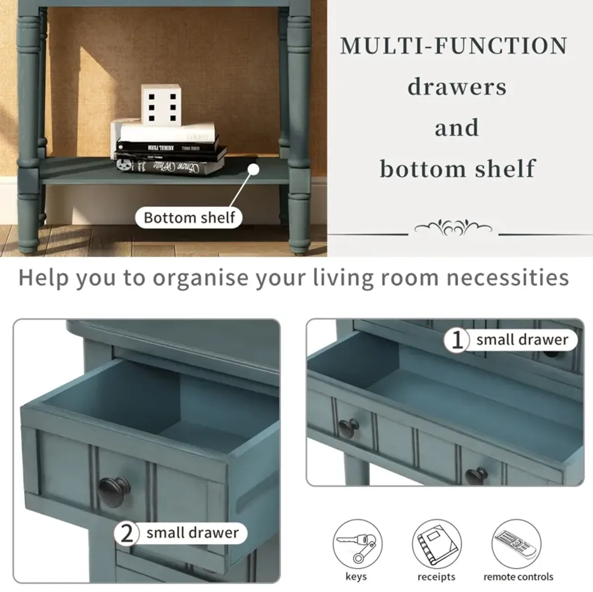 Narrow Console Table, Slim Sofa Table with Three Storage Drawers and Bottom Shelf for Living Room, Easy Assembly (Navy)