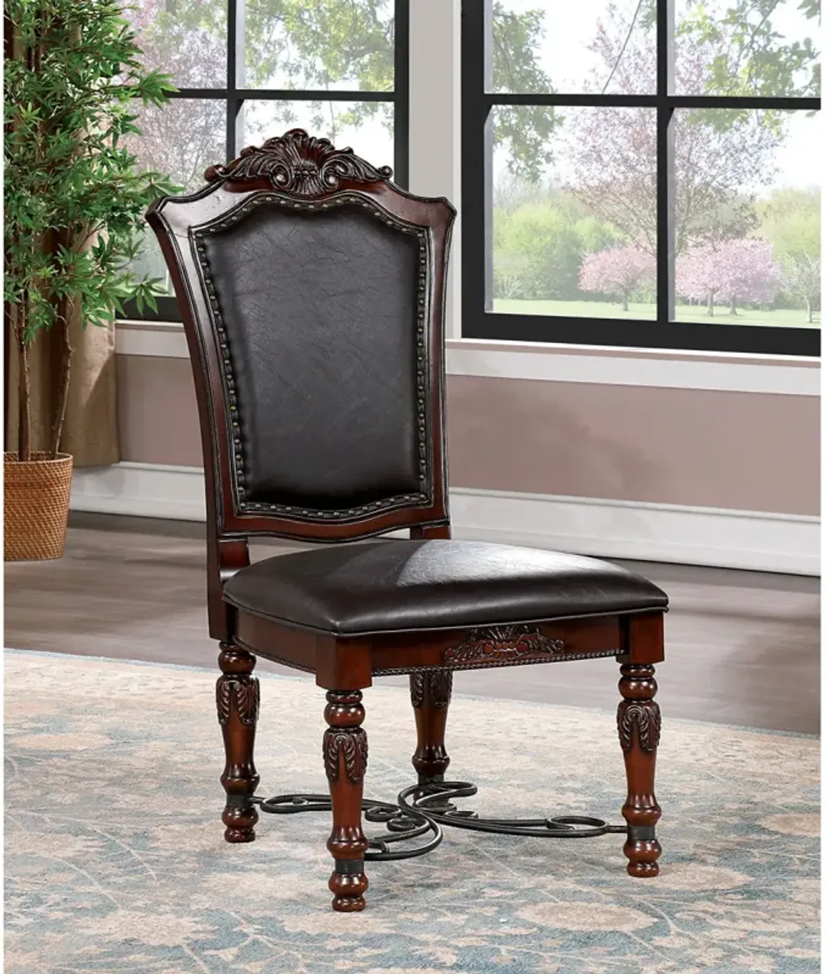 2 PCS Brown Cherry Side Chairs with Black Leatherette Seats