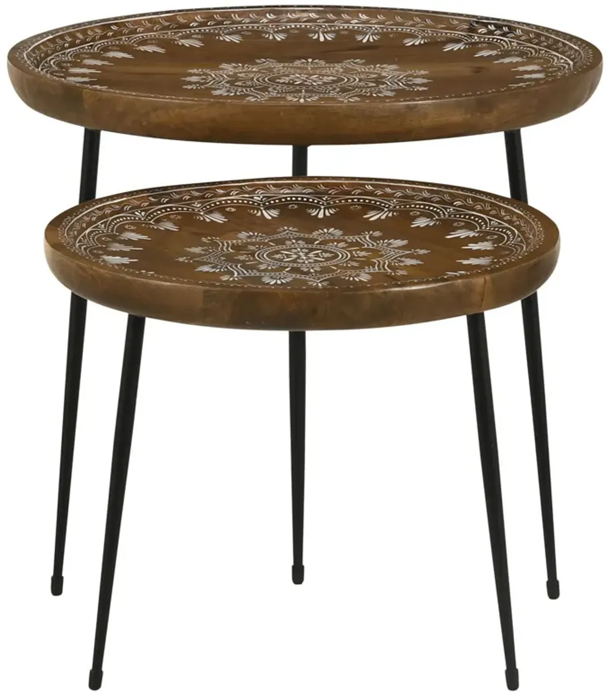 2 Piece Round Nesting Tray Top Table Set, Carved Edges, Motif Design, Brown - Benzara