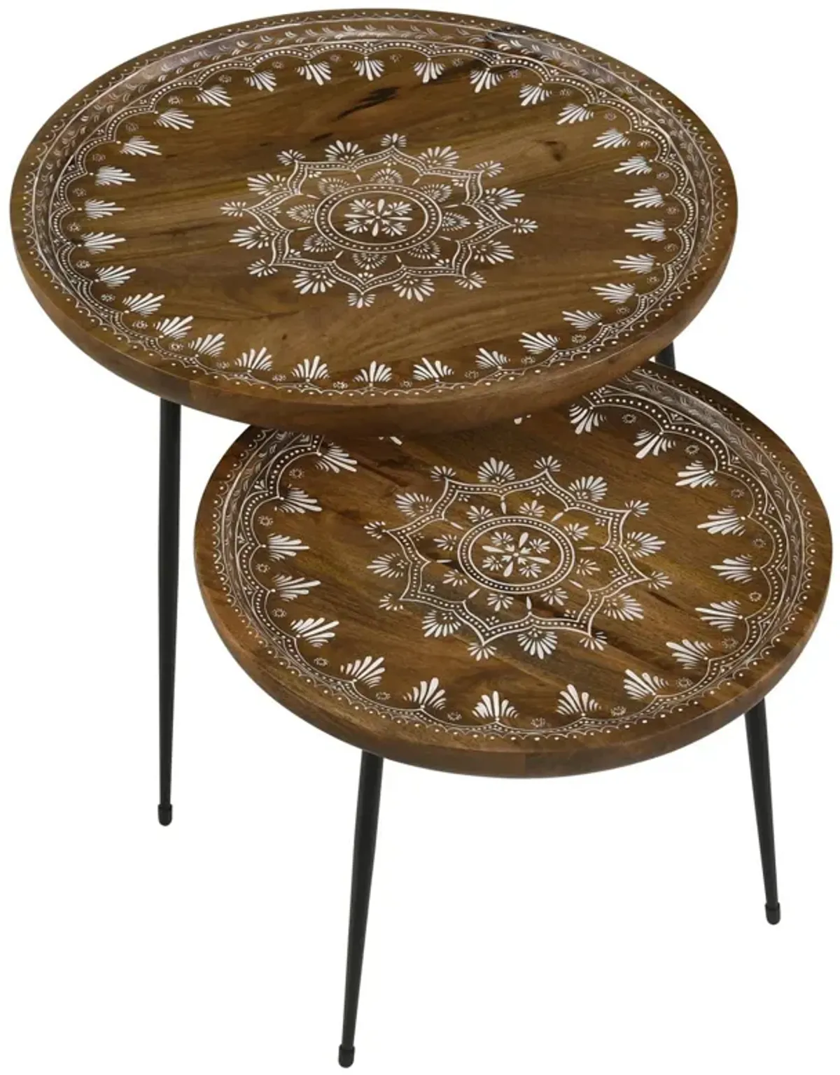 2 Piece Round Nesting Tray Top Table Set, Carved Edges, Motif Design, Brown - Benzara