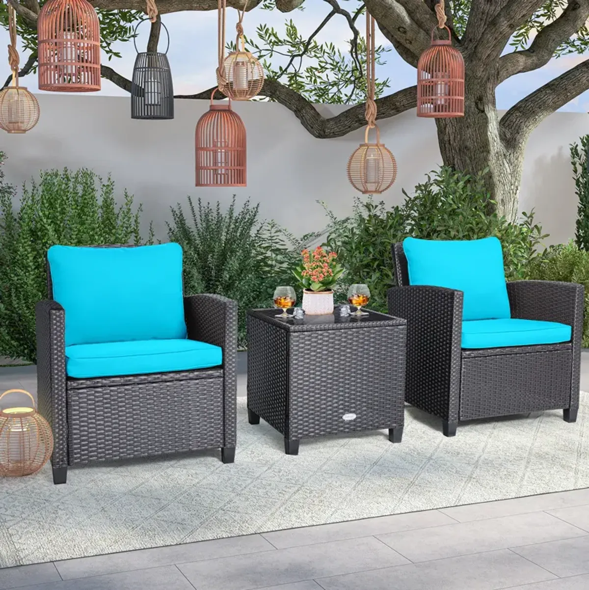 3 Pcs Patio Rattan Furniture Set Cushioned Conversation Set Coffee Table