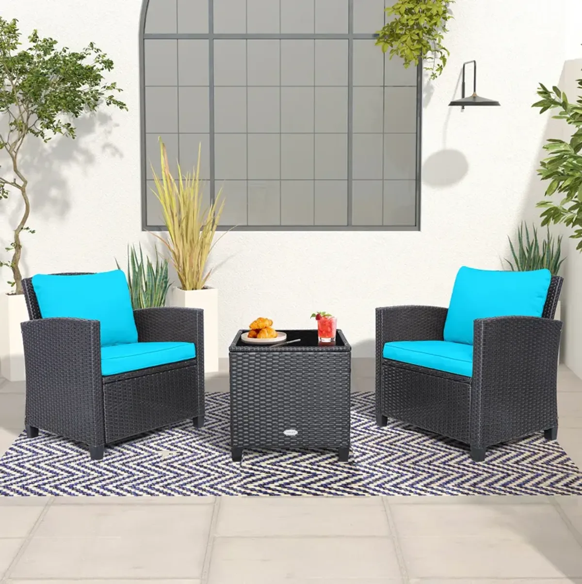 3 Pcs Patio Rattan Furniture Set Cushioned Conversation Set Coffee Table