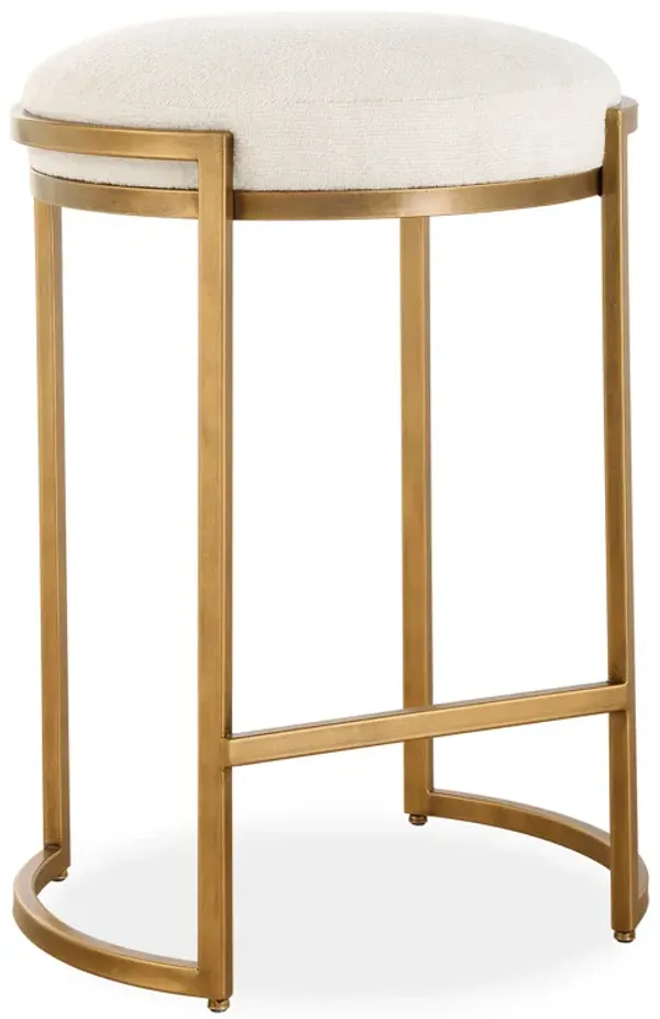 Fyn Counter Height Stool, Round Cream Fabric Seat, Brass Cantilever Base