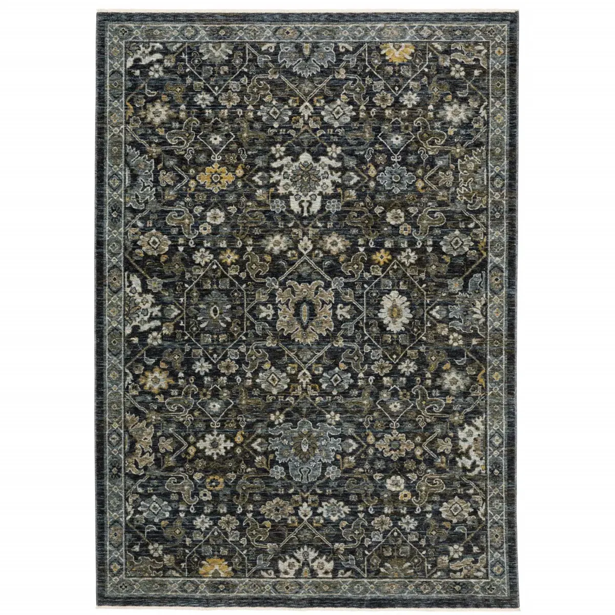 2 X 3 Blue Ivory grey gold green And Brown Oriental Power Loom Stain Resistant Area Rug With Fringe