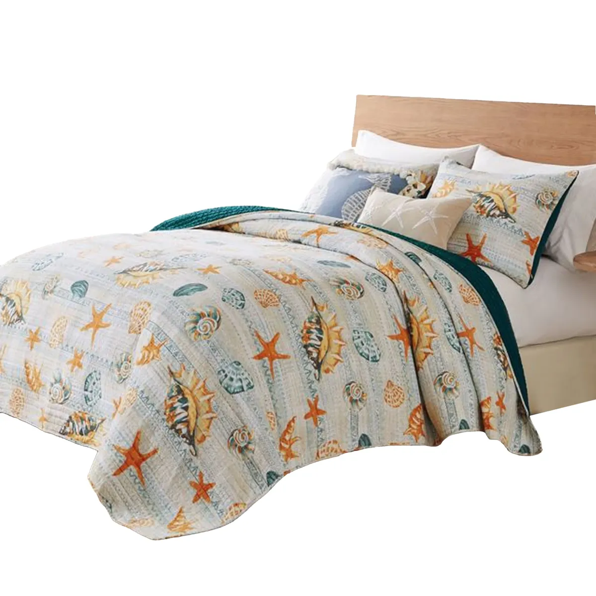 Carie 3pc King Quilt Set, Coastal Seashell Print, Blue Cotton Microfiber