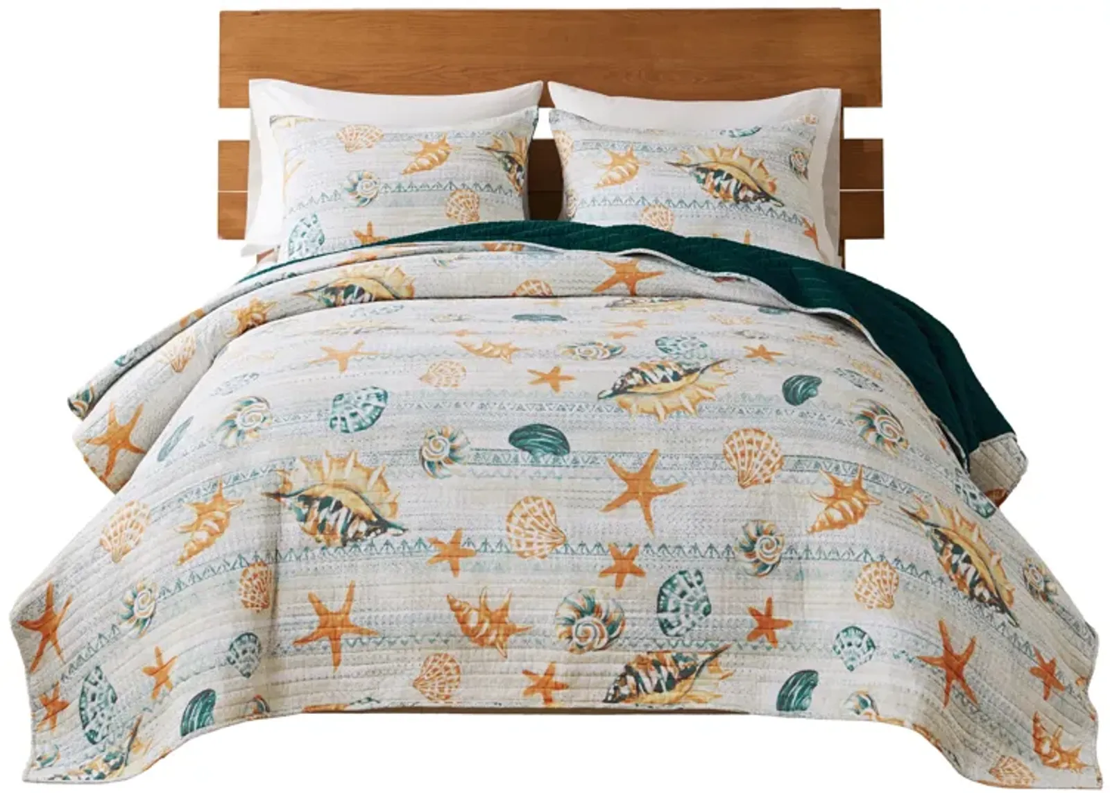 Carie 3pc King Quilt Set, Coastal Seashell Print, Blue Cotton Microfiber