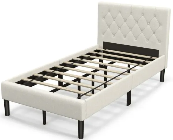 Twin Size Upholstered Platform Bed with Button Tufted Headboard-Beige