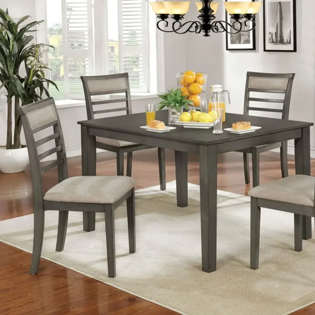 5 Piece Dining Set: Weathered Gray Table, Beige Chairs