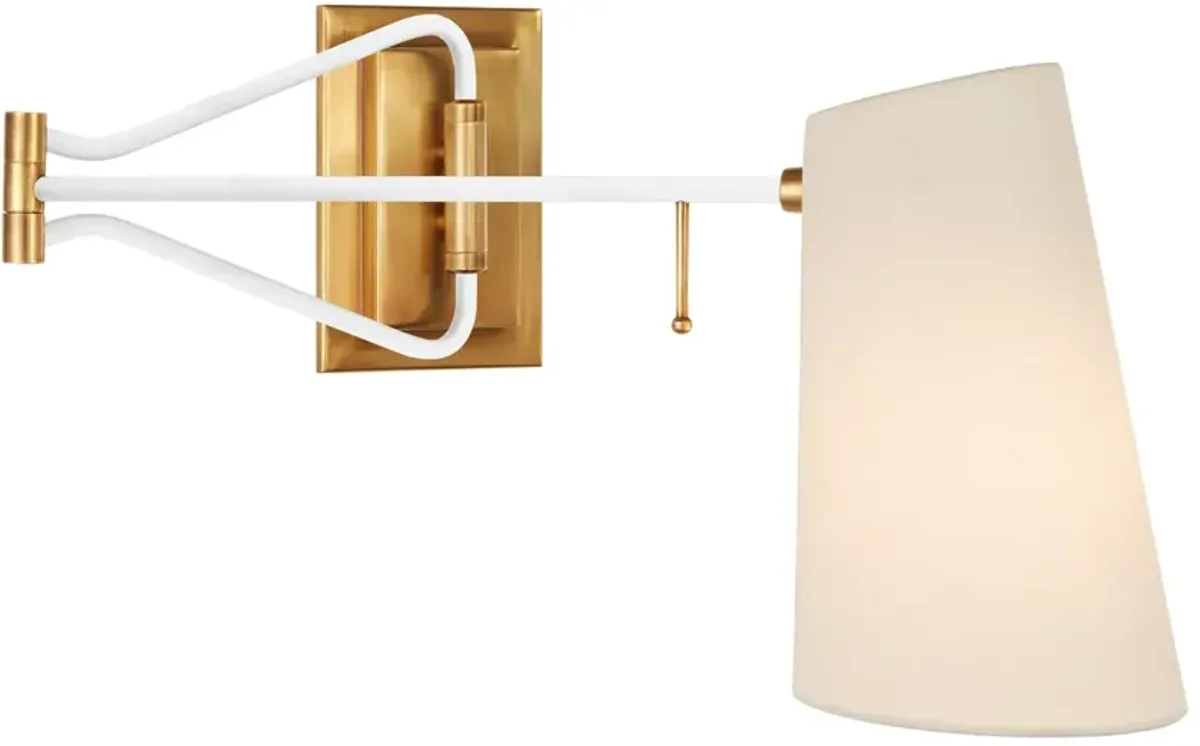 Keil Swing Arm Wall Light in Hand-Rubbed Antique Brass and White with Linen Shade