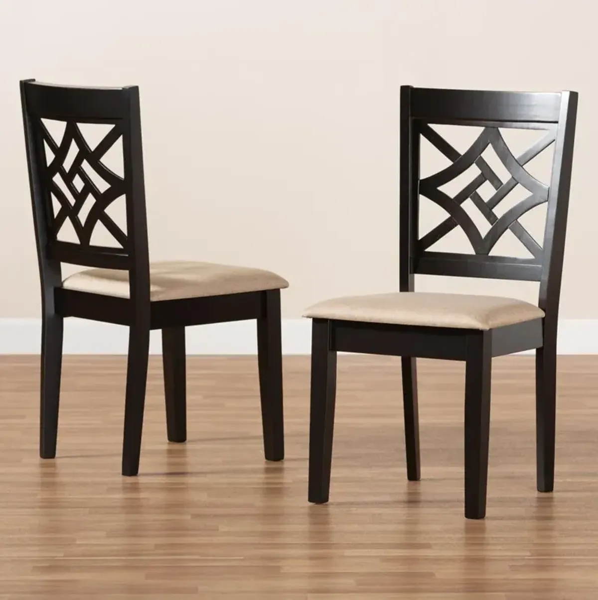 Sand Fabric Upholstered and Dark Brown Finished Wood 2-Piece Dining Chair Set