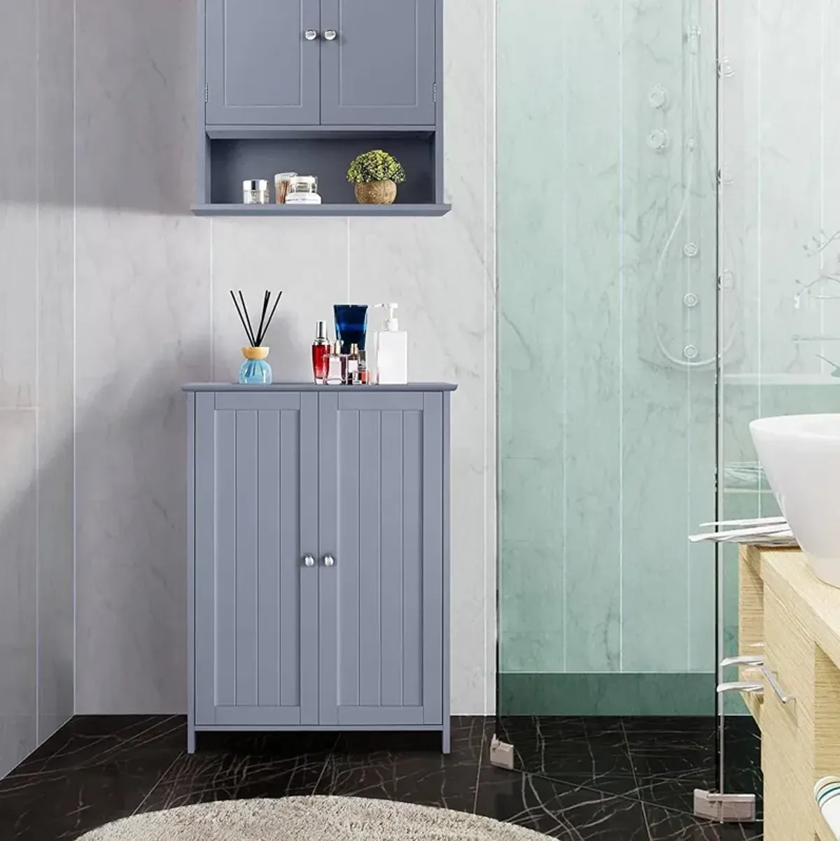 Hivvago Gray Wood 2-Door Freestanding Bathroom Floor Cabinet Kitchen Storage Cupboard