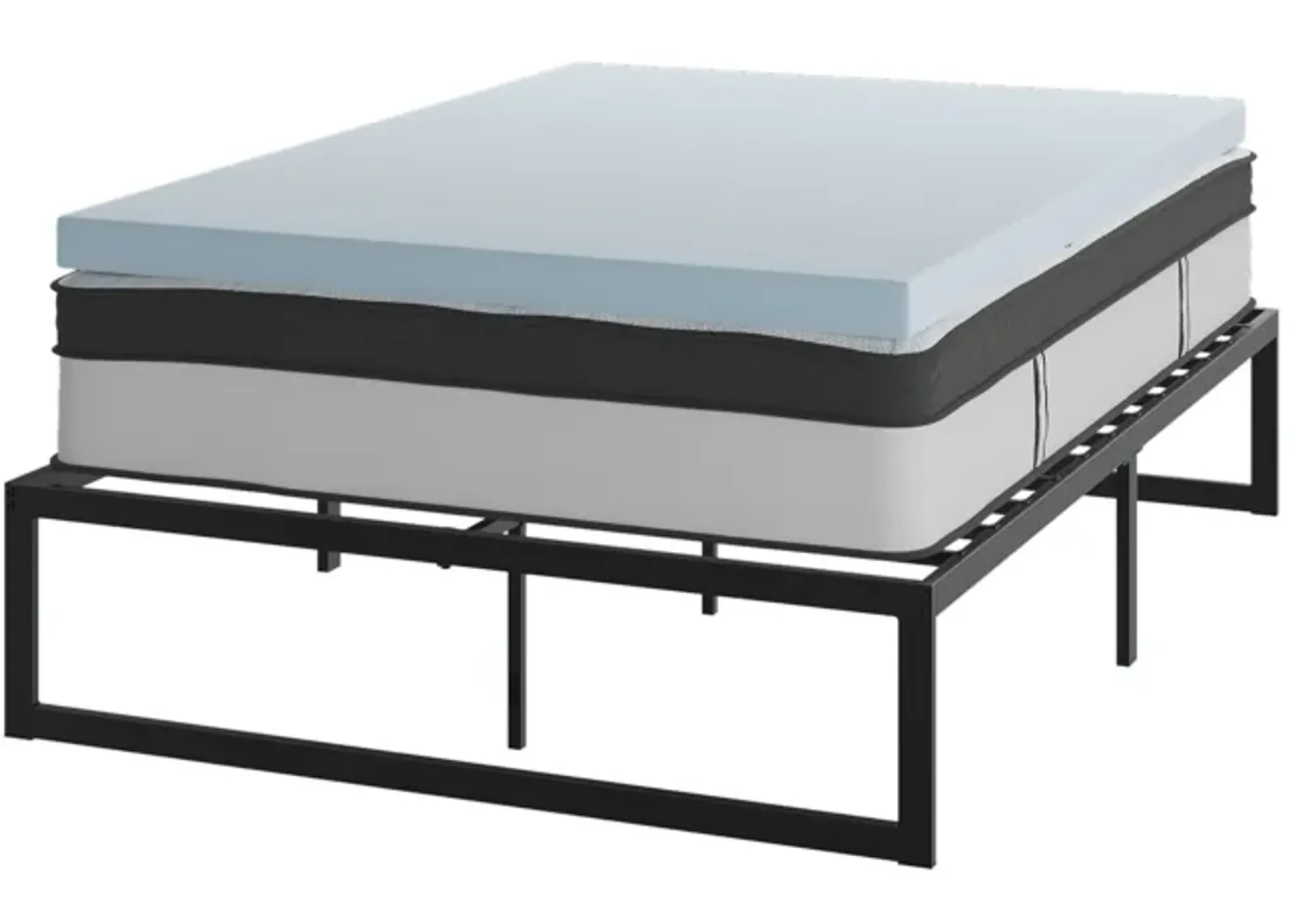 Leo 14 Inch Metal Platform Bed Frame with 12 Inch Pocket Spring Mattress in a Box and 3 inch Cool Gel Memory Foam Topper - Full