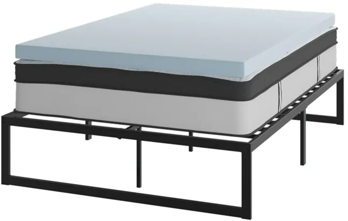 Leo 14 Inch Metal Platform Bed Frame with 12 Inch Pocket Spring Mattress in a Box and 3 inch Cool Gel Memory Foam Topper - Full